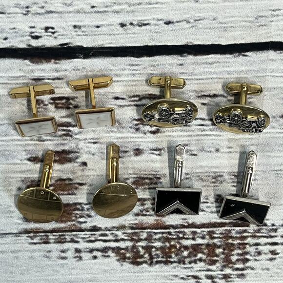 Vintage Set of 4 Mens Cufflinks Antique Cars Circles Mother of Pearl Gold Silver - Picture 2 of 10